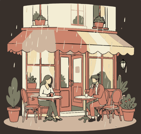 Kittl: Rain dappled French cafe, moody art, oil painting