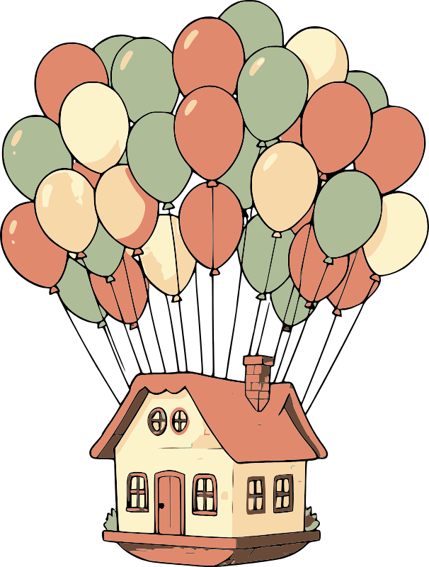 Kittl: A whimsical flying house lifted by dozens of colorful balloons