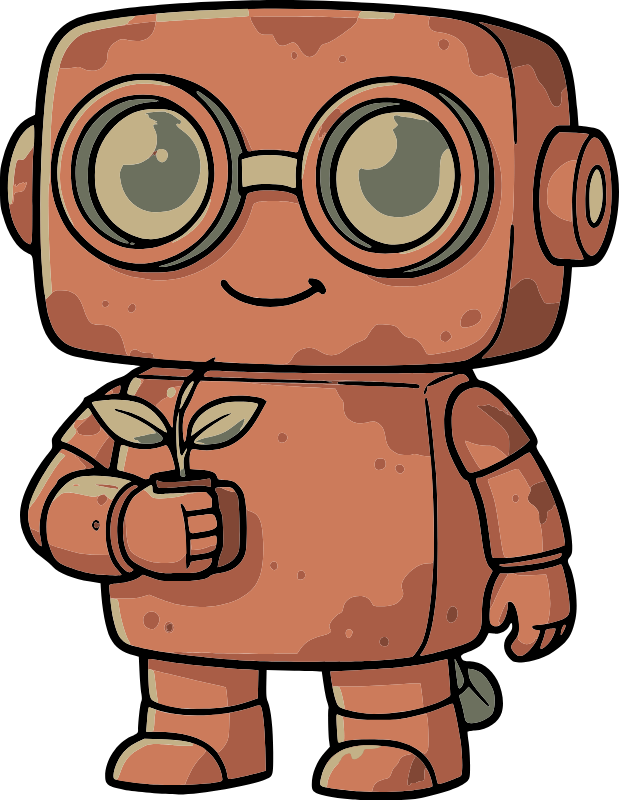 Kittl: A cute boxy chibi robot with big binocular eyes holding a seedling